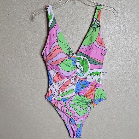 NWT Beach Joy Large Colorful Abstract One-Piece Swimsuit ruched V neck plunge - Picture 2 of 7